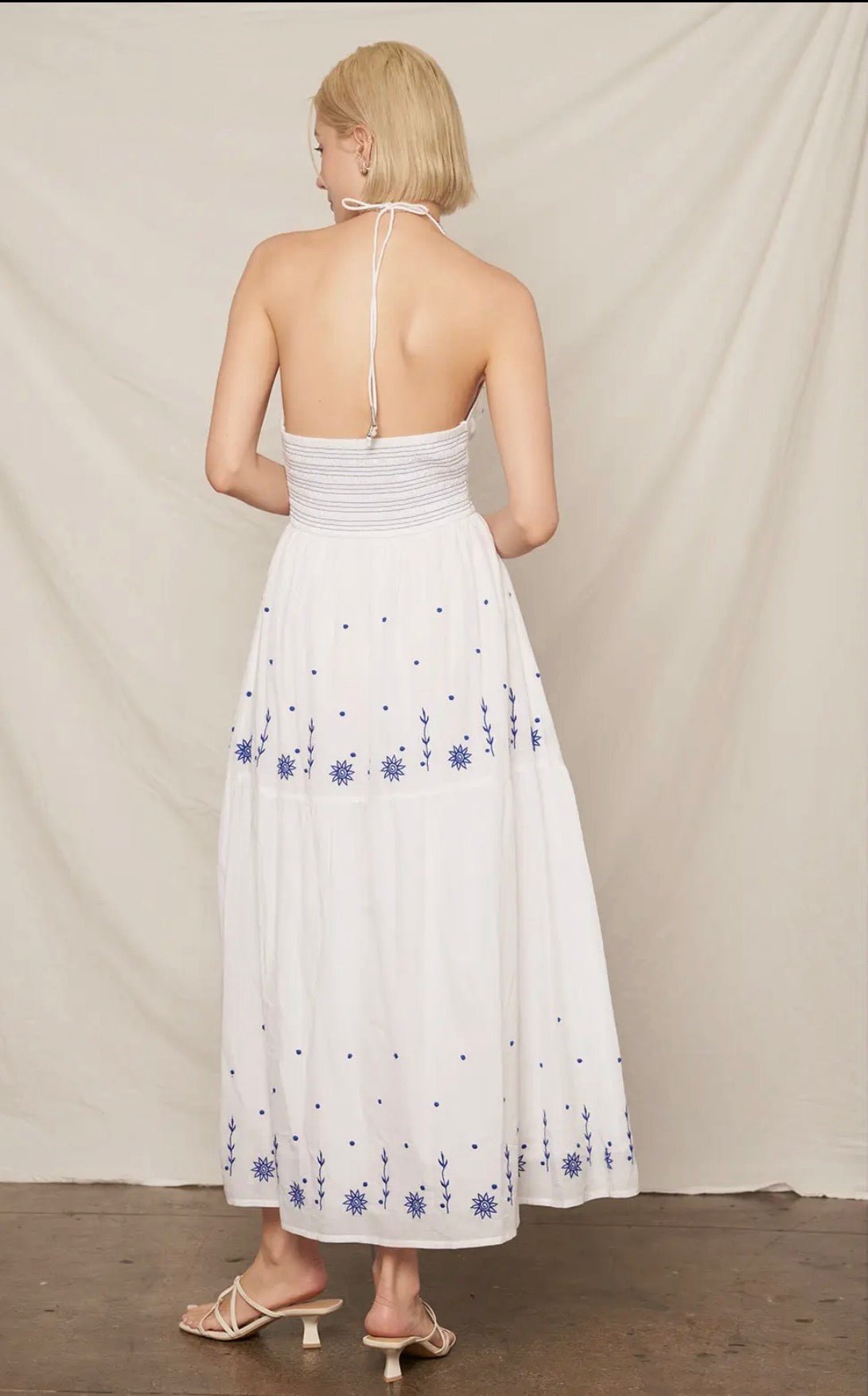 Strappy Halter Neck Embroidery Dress - Flea Boutiques