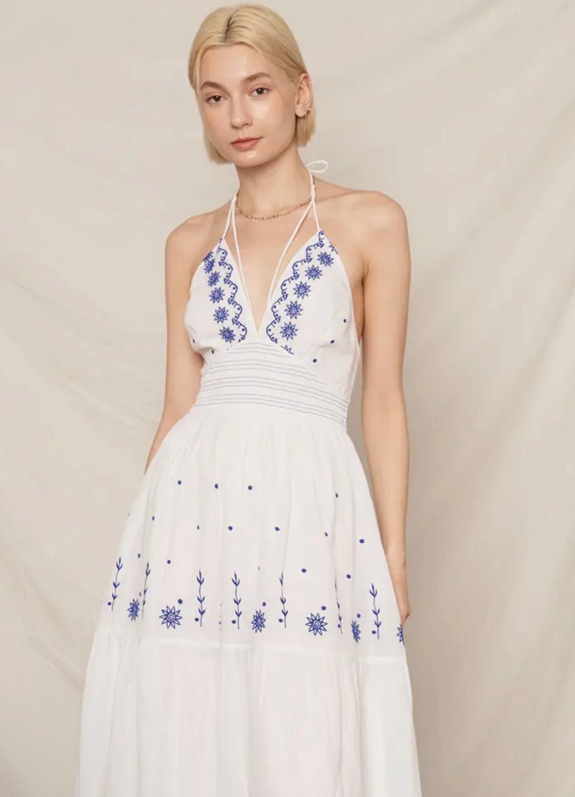 Strappy Halter Neck Embroidery Dress - Flea Boutiques