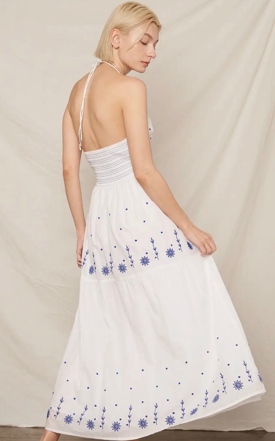 Strappy Halter Neck Embroidery Dress - Flea Boutiques