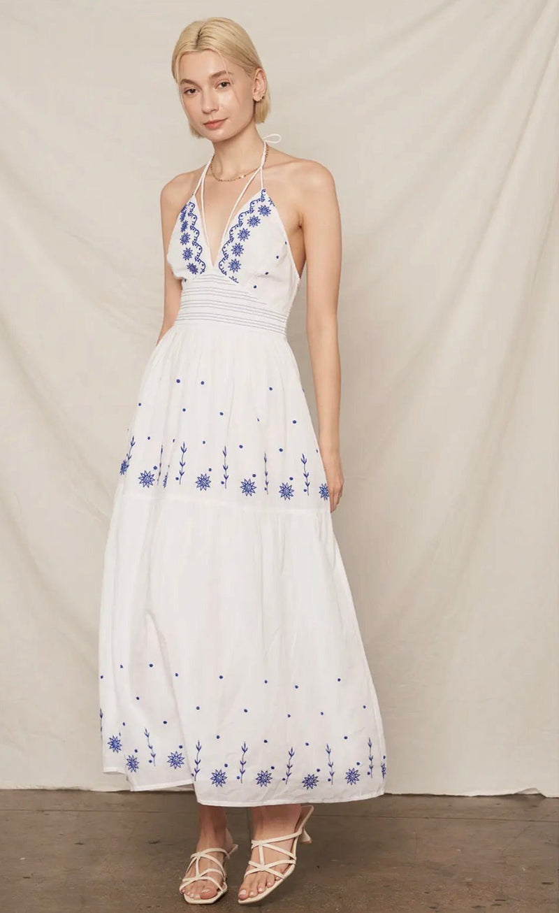 Strappy Halter Neck Embroidery Dress - Flea Boutiques