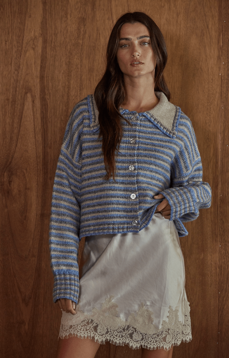 Striped Collar Neck Cardigan - Flea Boutiques