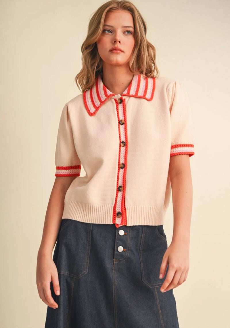 Striped Knit Short Sleeve Cardigan - Flea Boutiques