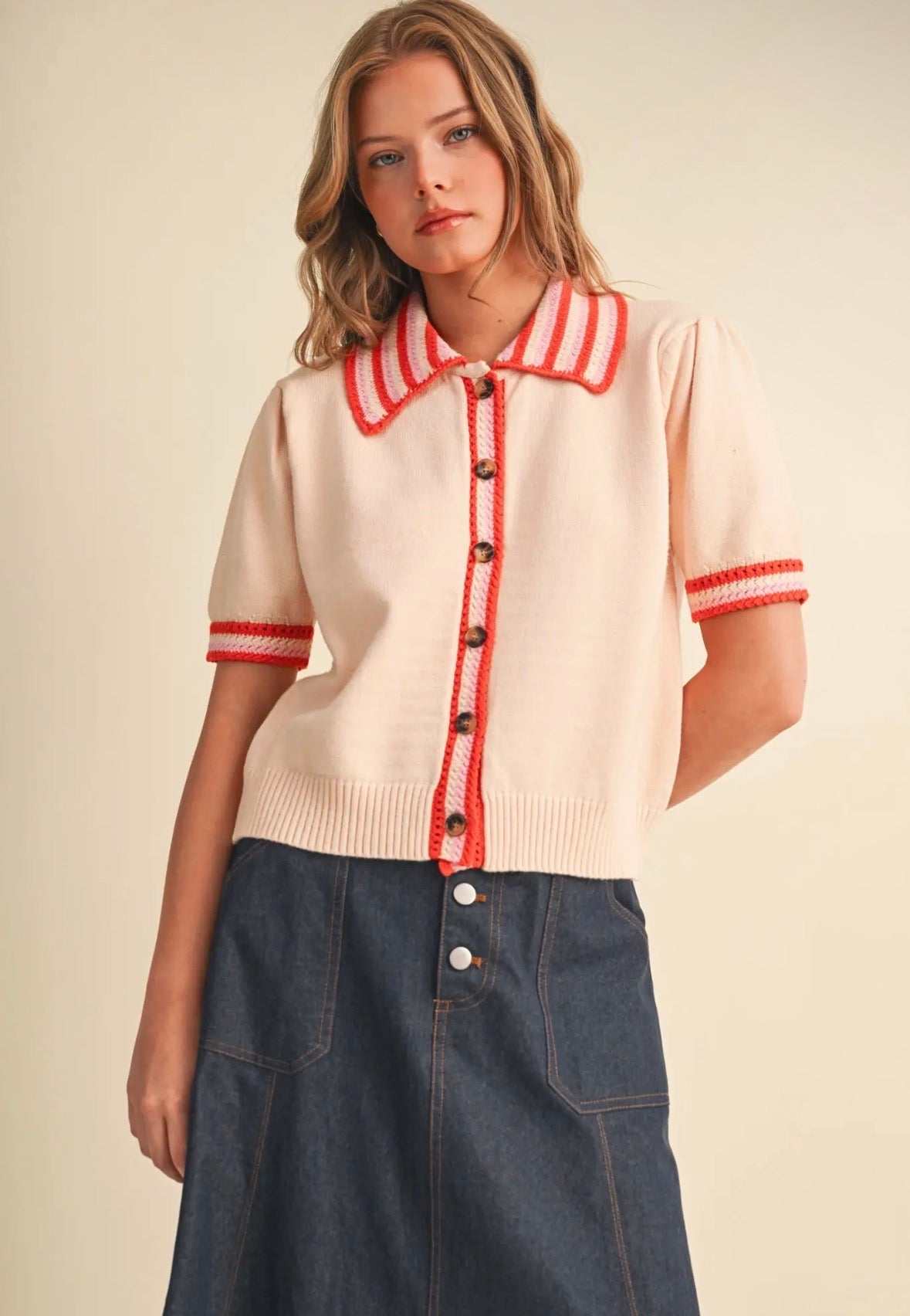 Striped Knit Short Sleeve Cardigan - Flea Boutiques