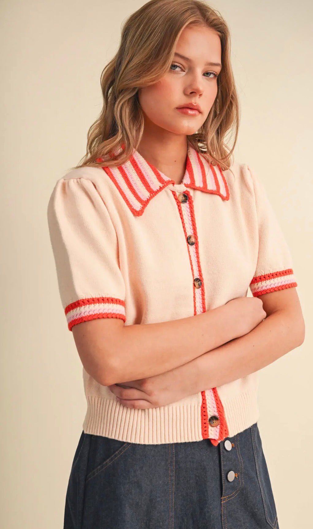 Striped Knit Short Sleeve Cardigan - Flea Boutiques