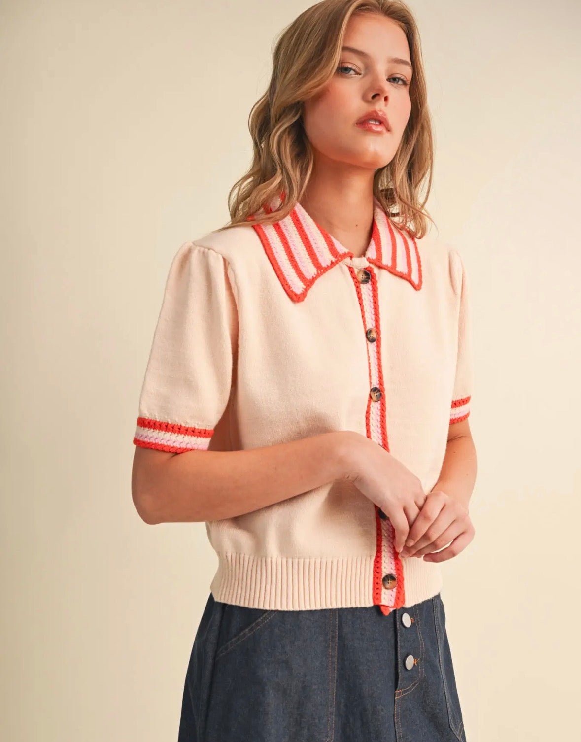 Striped Knit Short Sleeve Cardigan - Flea Boutiques