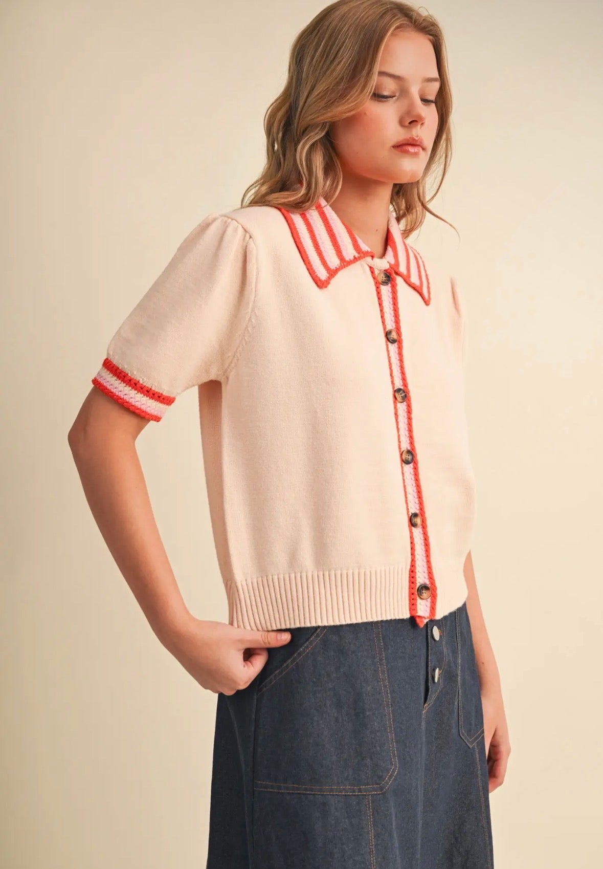 Striped Knit Short Sleeve Cardigan - Flea Boutiques