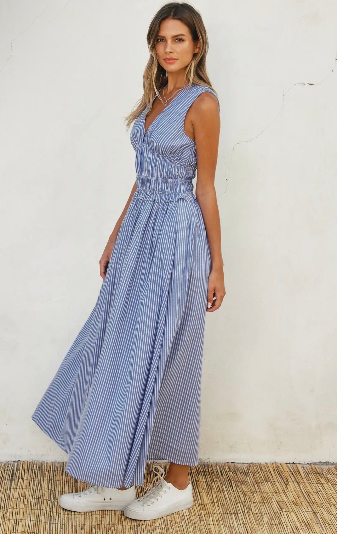 Striped Ruched Waist Midi - Flea Boutiques