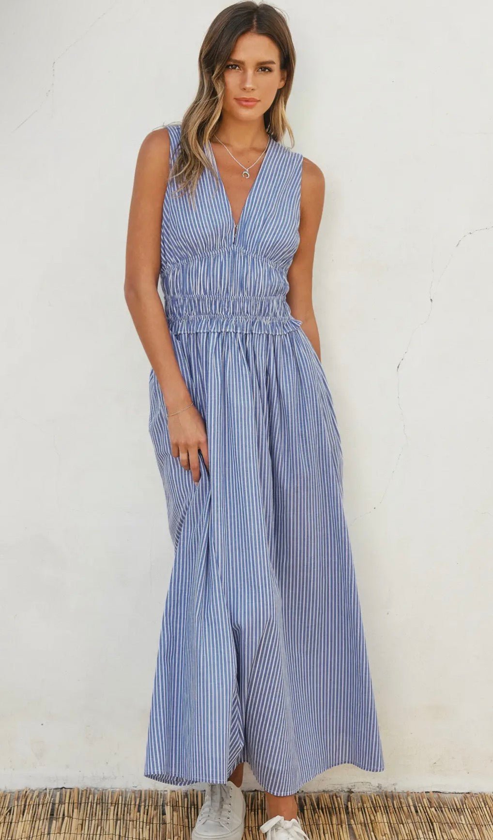 Striped Ruched Waist Midi - Flea Boutiques