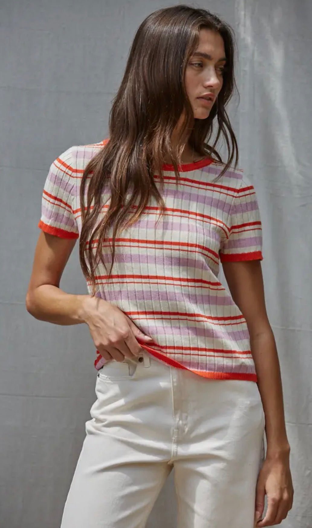 Striped Short Sleeve Sweater - Flea Boutiques