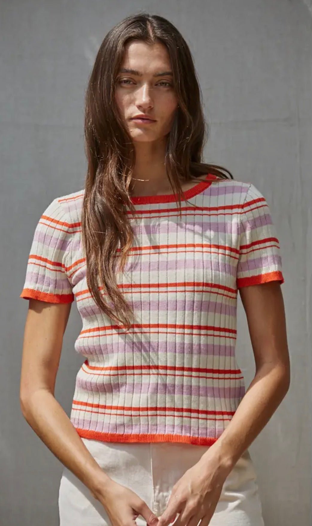 Striped Short Sleeve Sweater - Flea Boutiques