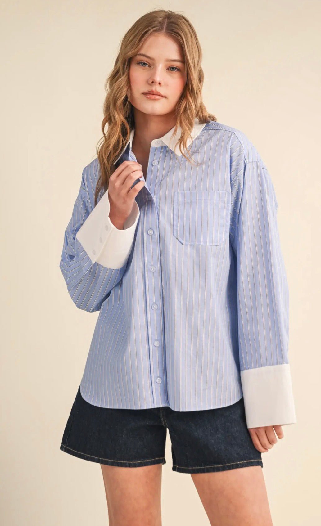Striped Wide Cuff Button Down - Flea Boutiques