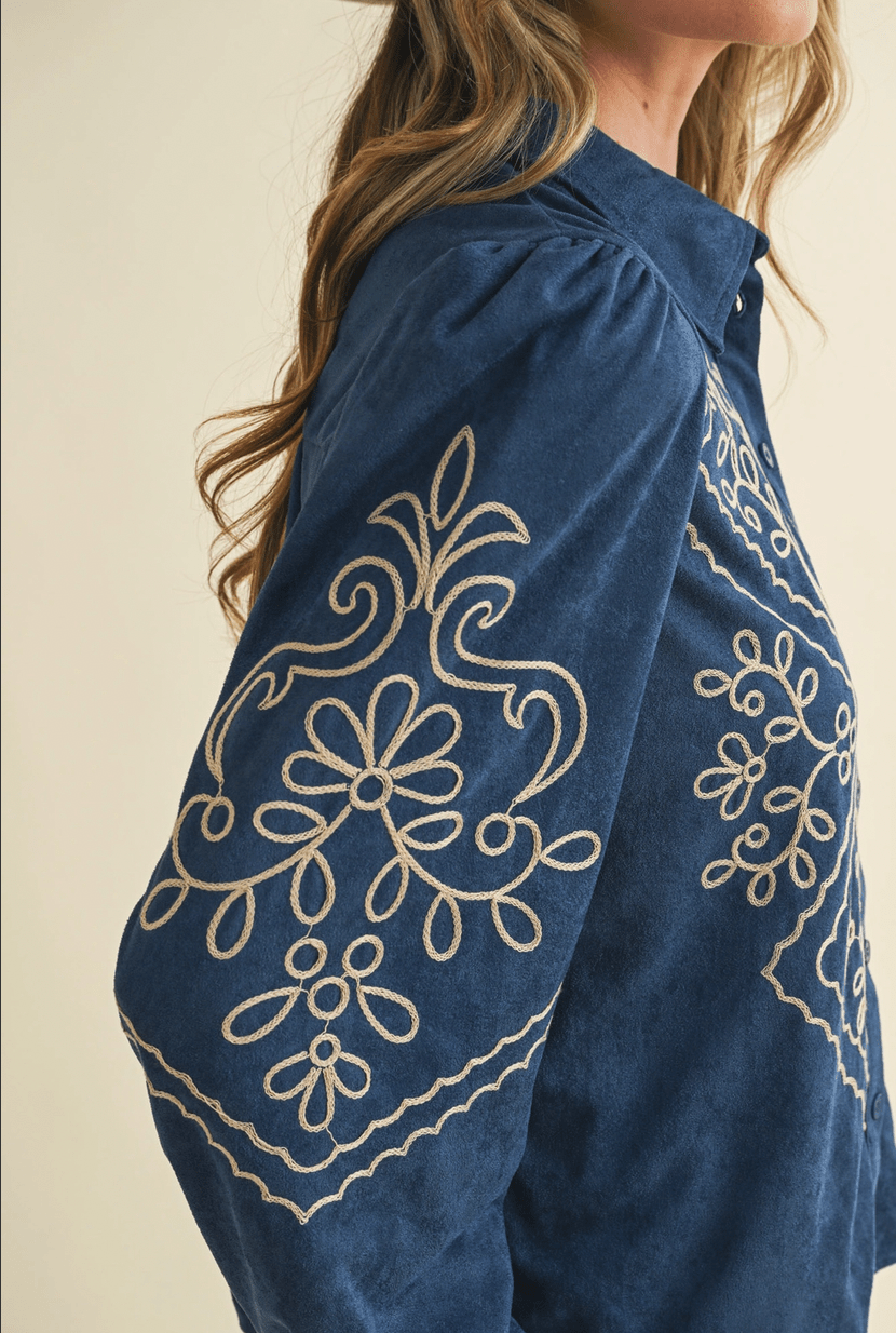 Suede Embroidered Button Up Top - Flea Boutiques