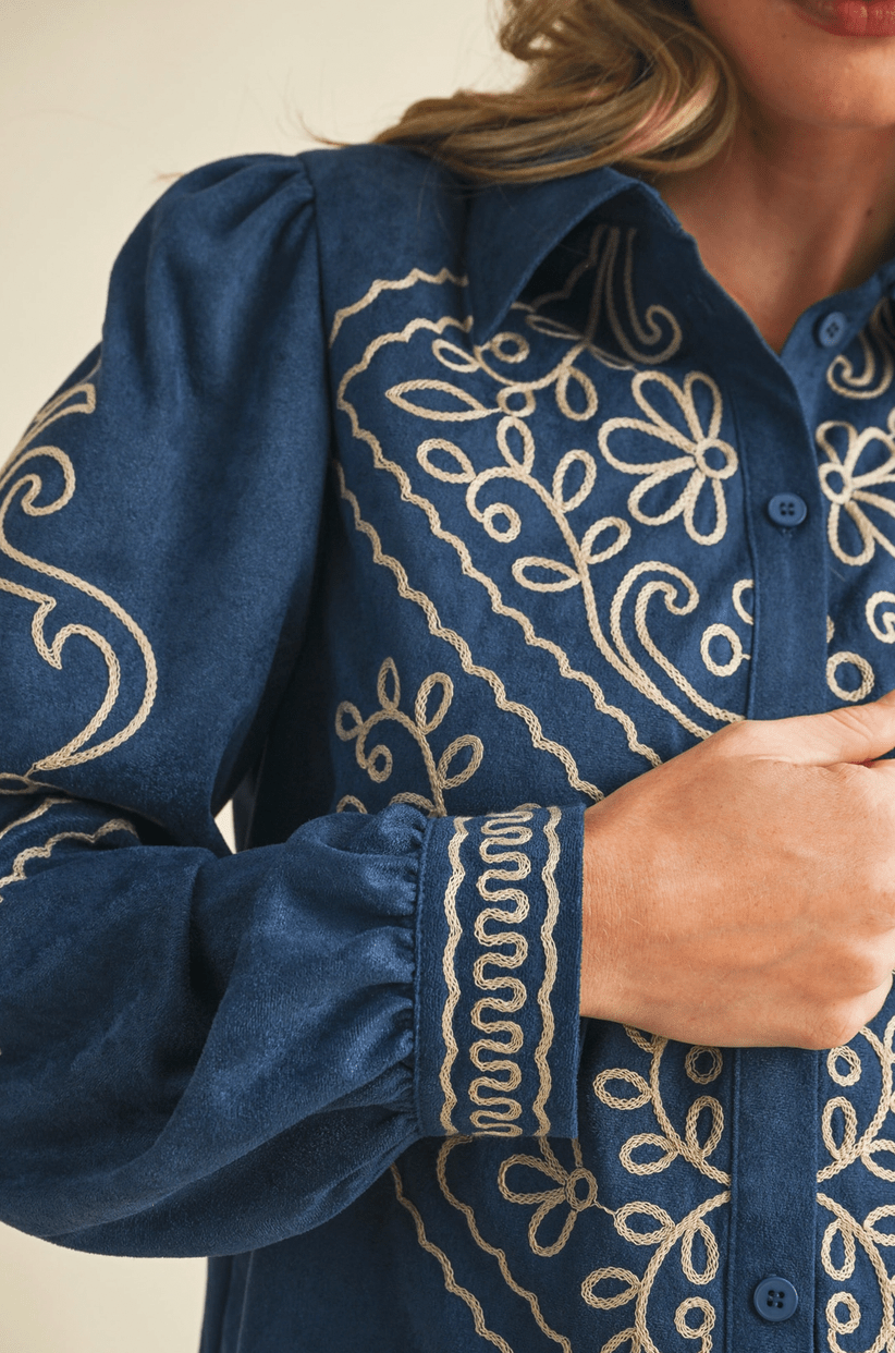 Suede Embroidered Button Up Top - Flea Boutiques
