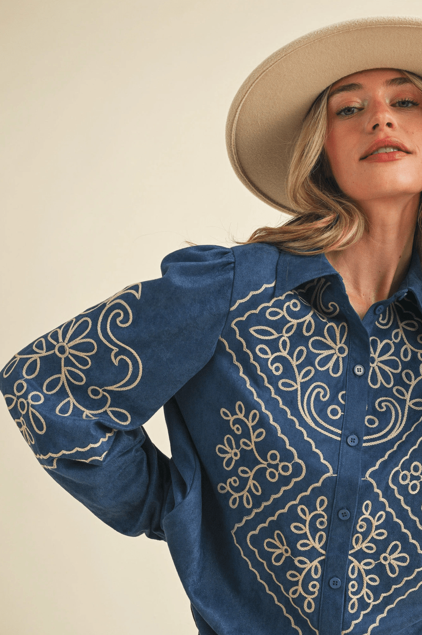 Suede Embroidered Button Up Top - Flea Boutiques