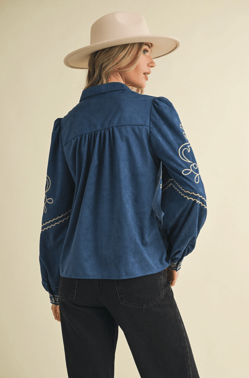 Suede Embroidered Button Up Top - Flea Boutiques