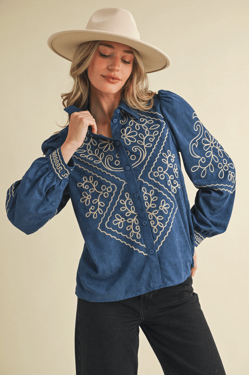 Suede Embroidered Button Up Top - Flea Boutiques
