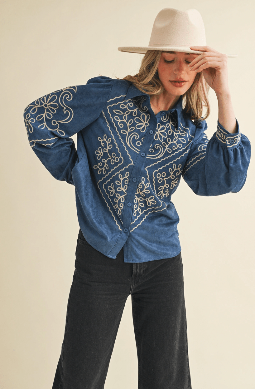 Suede Embroidered Button Up Top - Flea Boutiques