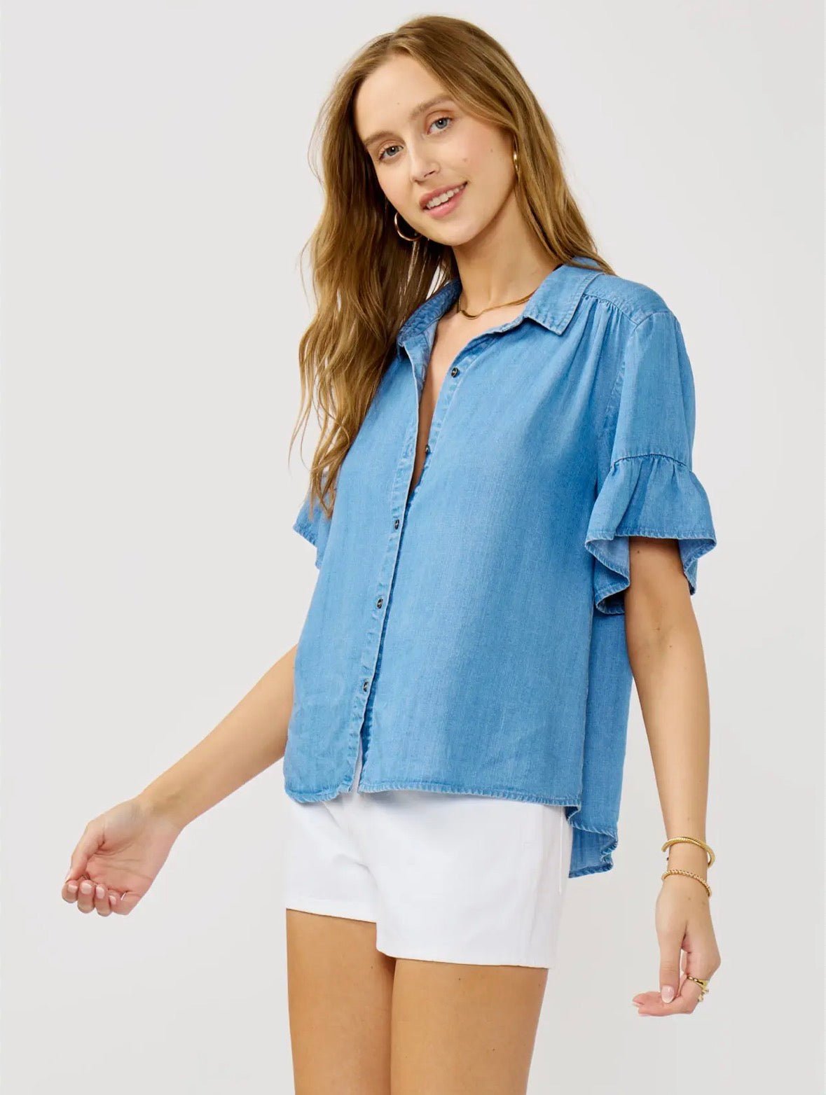 Tencel Ruffle Sleeve Button Down - Flea Boutiques