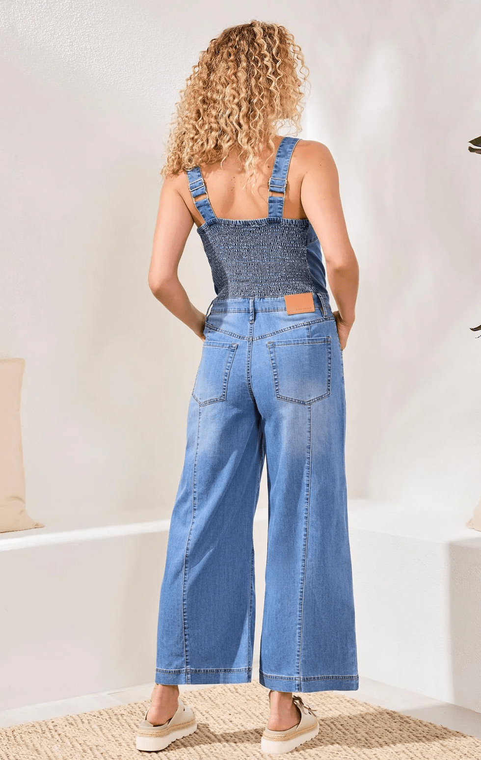 Tencel Wide Leg Jumpsuit With Shirred Elastic Back - Flea Boutiques
