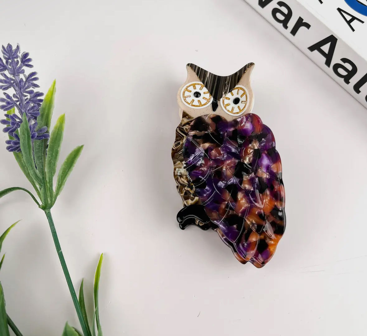 Colorful owl-shaped object on a white surface with a plant in the corner
