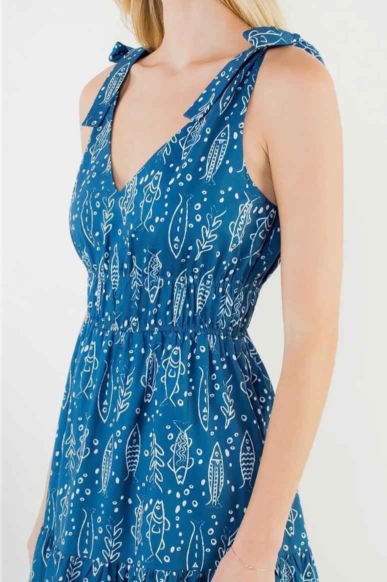 Tie Strap Fish Print Dress - Flea Boutiques