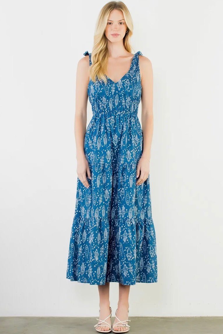 Tie Strap Fish Print Dress - Flea Boutiques