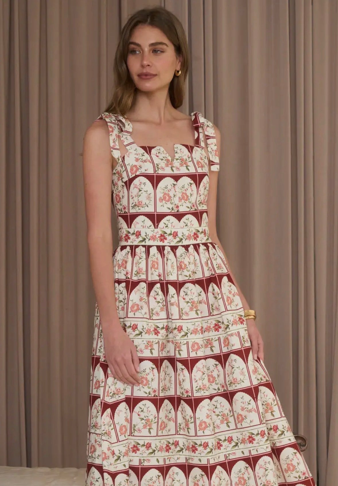 Tie Strap Floral Border Midi Dress - Flea Boutiques