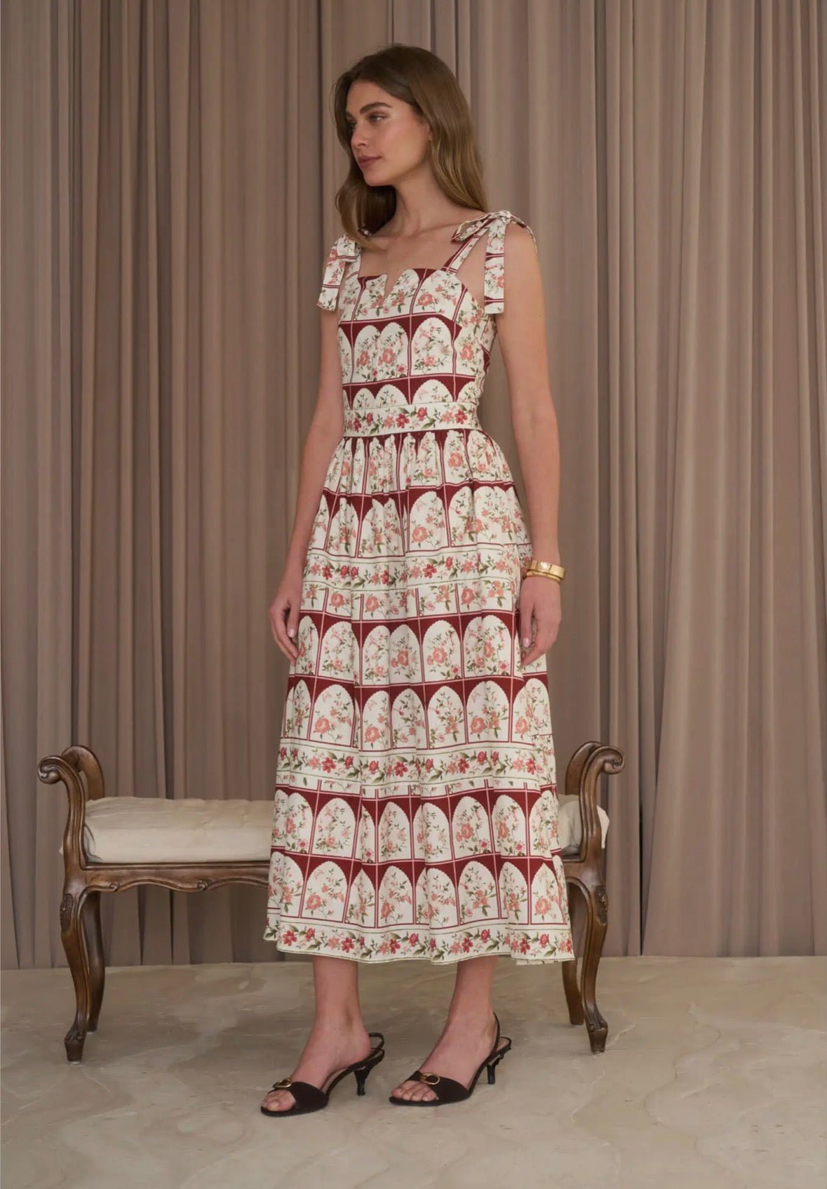 Tie Strap Floral Border Midi Dress - Flea Boutiques