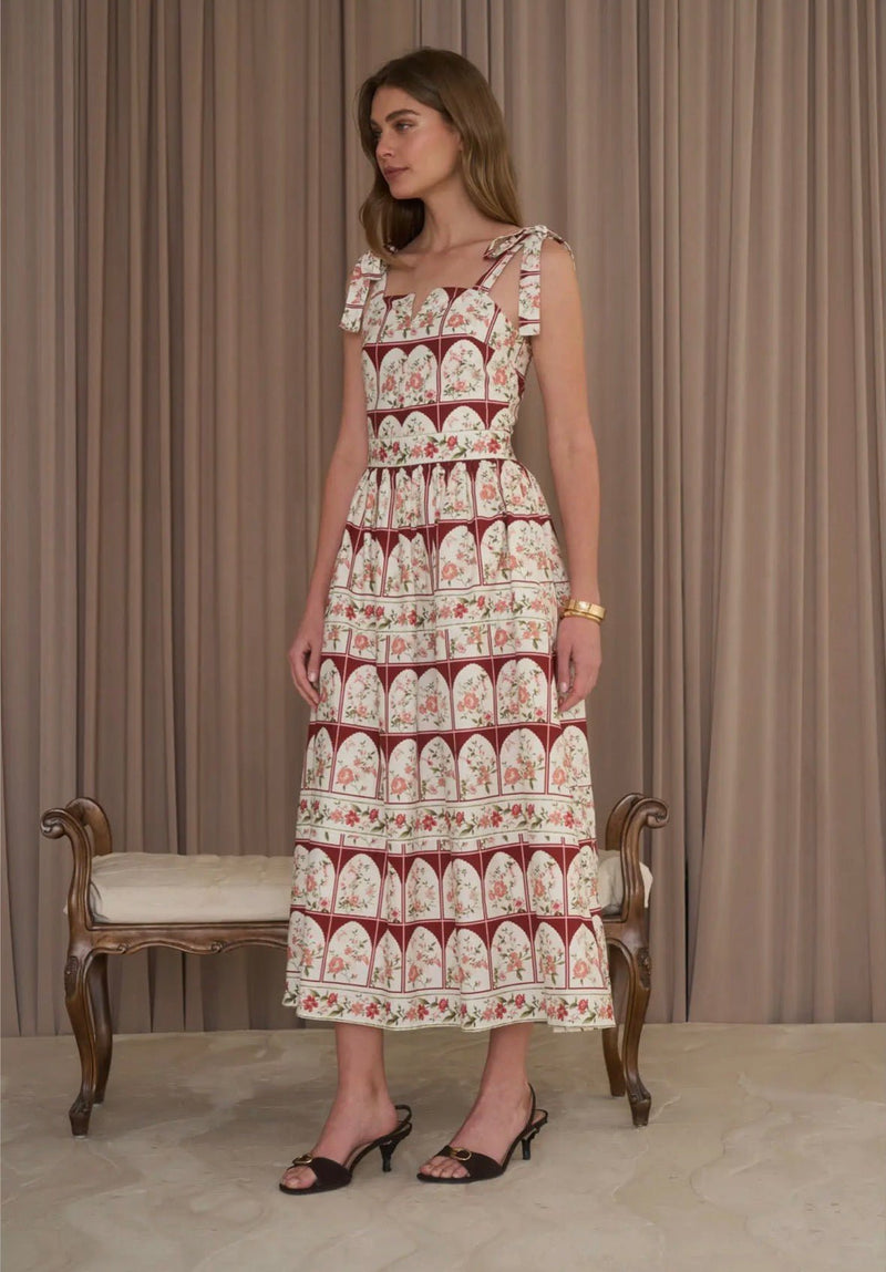 Tie Strap Floral Border Midi Dress - Flea Boutiques