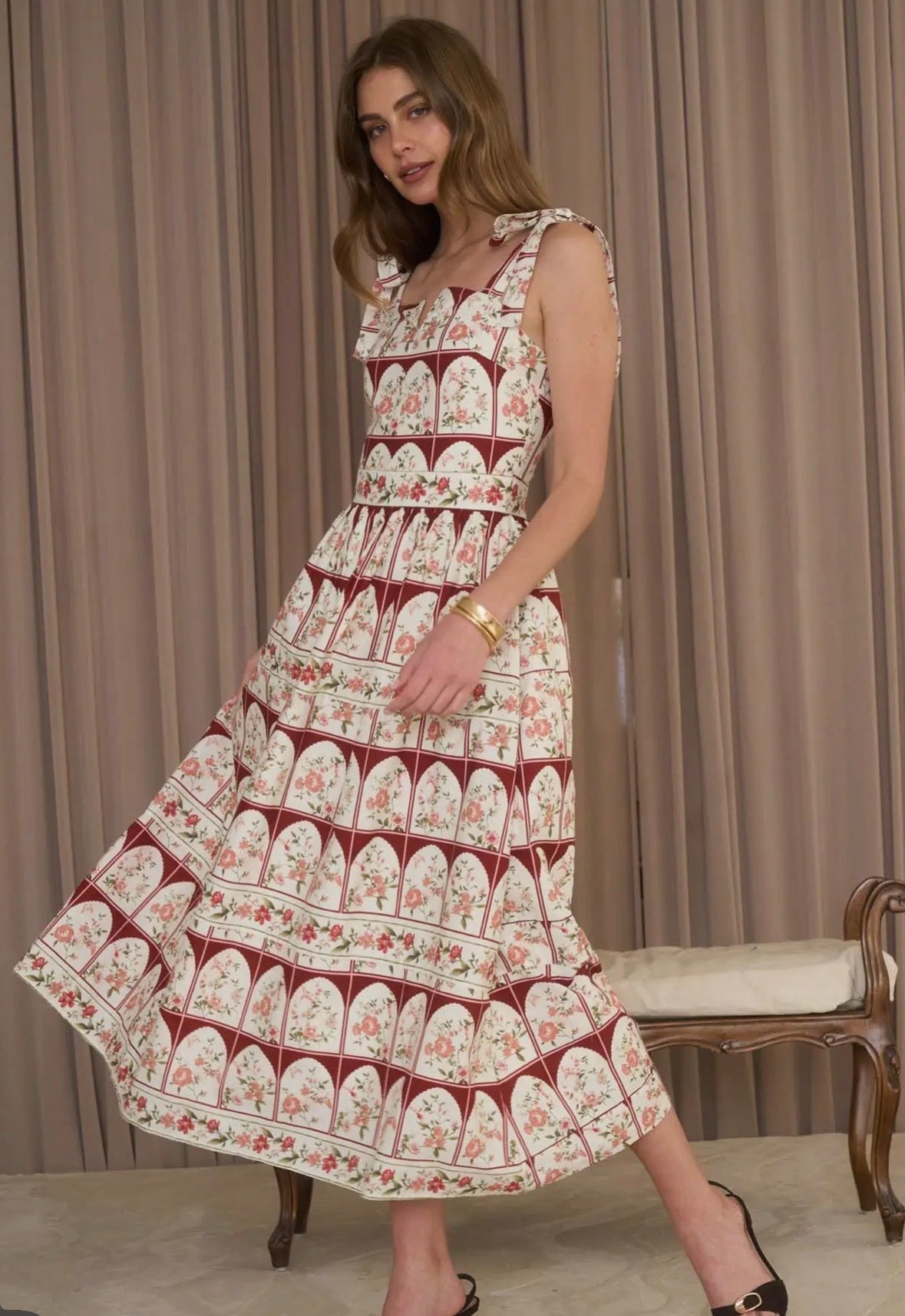 Tie Strap Floral Border Midi Dress - Flea Boutiques