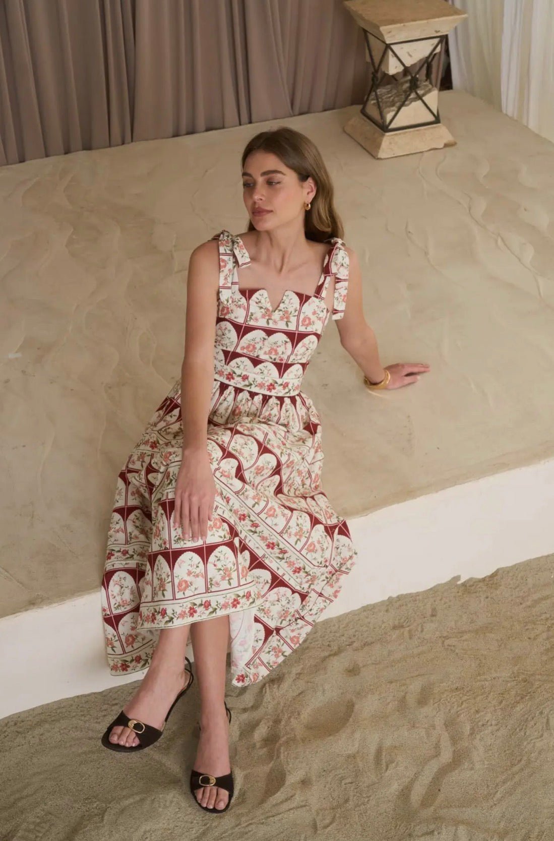 Tie Strap Floral Border Midi Dress - Flea Boutiques