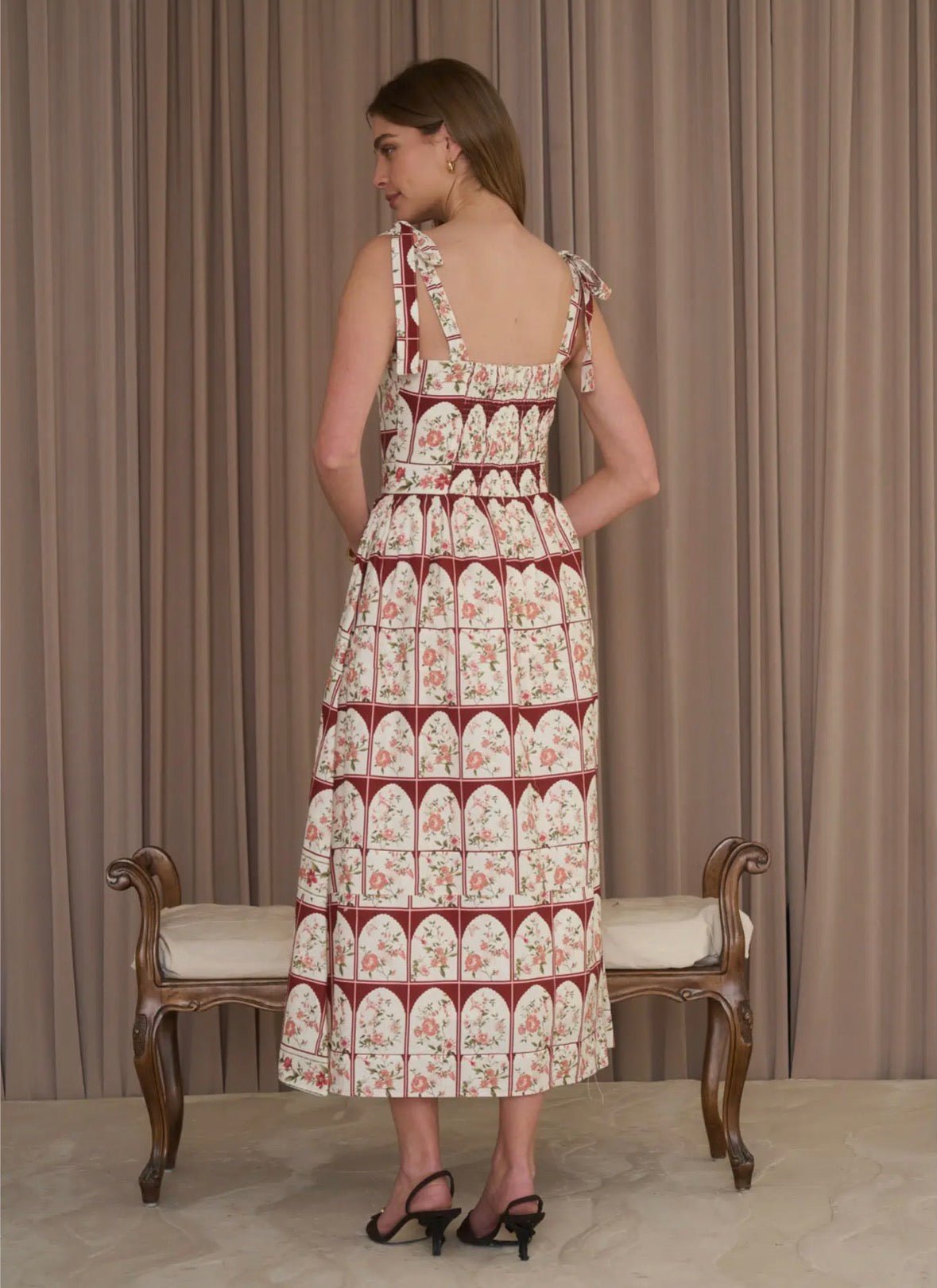 Tie Strap Floral Border Midi Dress - Flea Boutiques