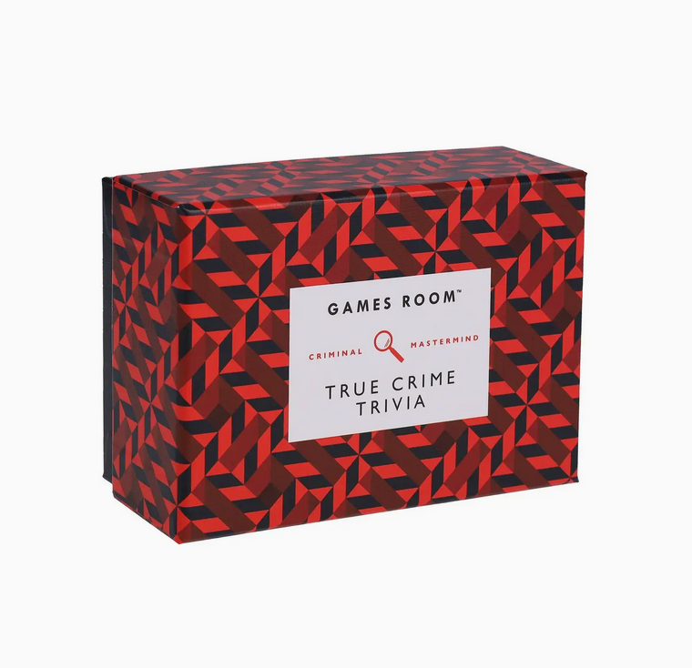 Red and black patterned box with 'Games Room' and 'True Crime Trivia' text on a white background