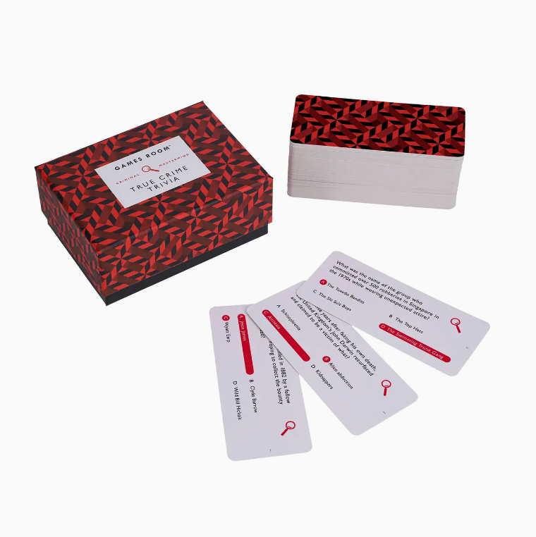 Card game set with red and black patterned box and cards on a white background