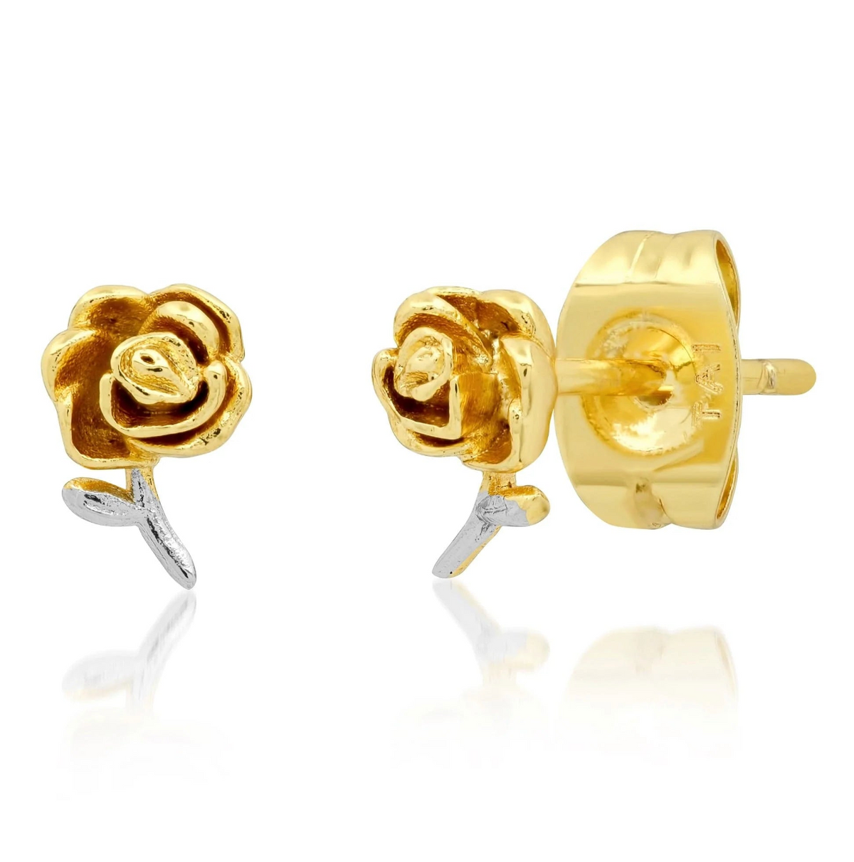 Gold rose-shaped earrings on a white background