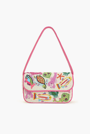 Colorful beaded handbag with animal designs on a white background