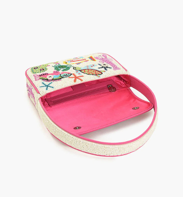 Children's handbag with colorful floral design on a white background
