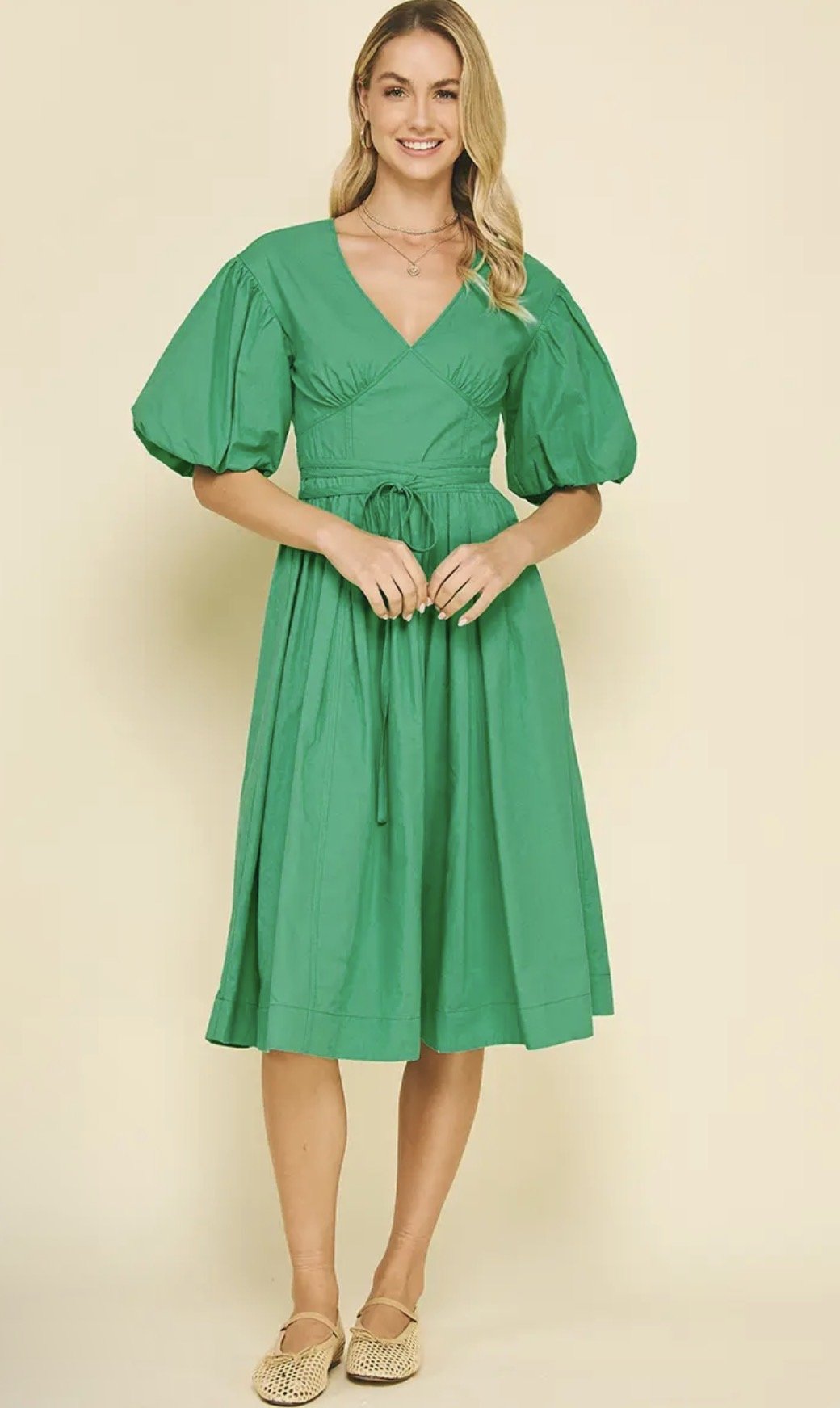 V - Neck Bubble Sleeve Midi Dress - Flea Boutiques