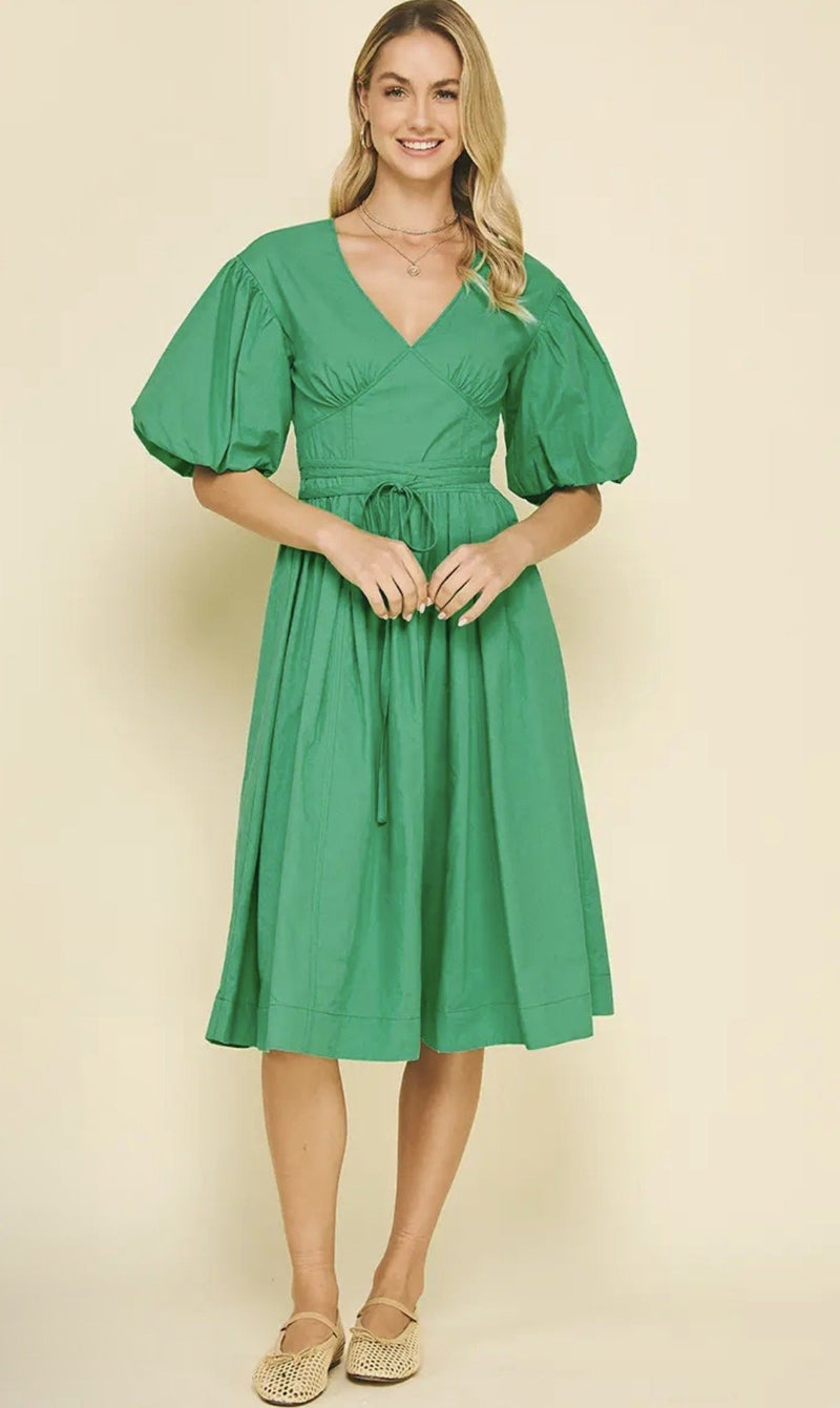 V - Neck Bubble Sleeve Midi Dress - Flea Boutiques