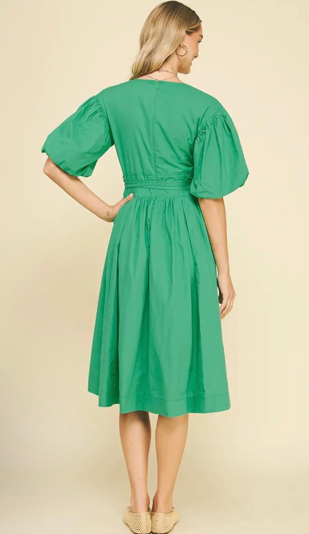 V - Neck Bubble Sleeve Midi Dress - Flea Boutiques