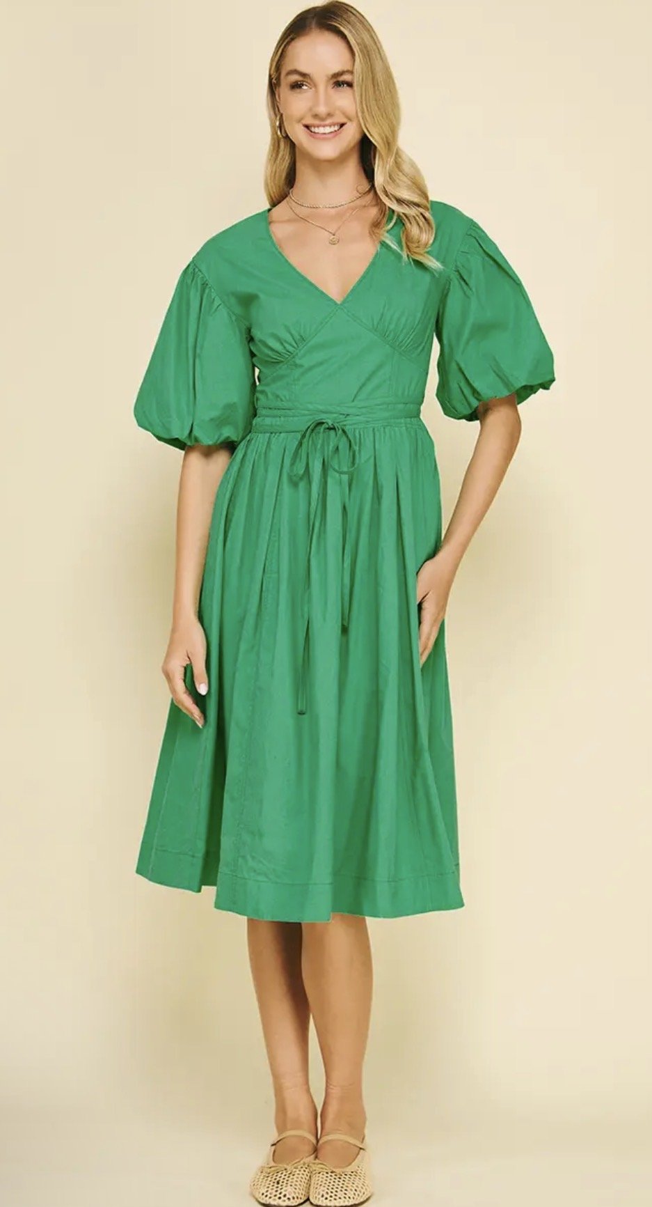 V - Neck Bubble Sleeve Midi Dress - Flea Boutiques