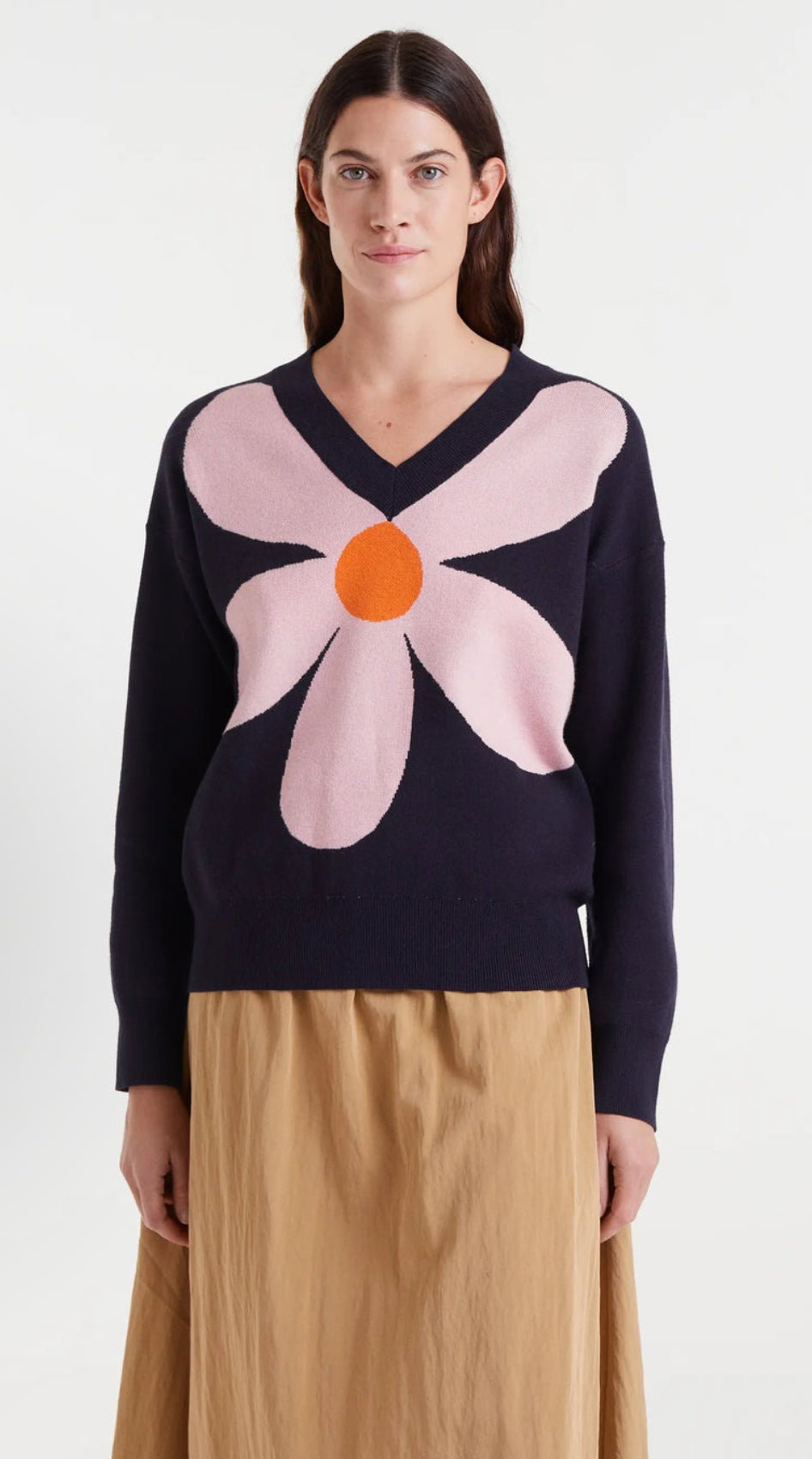 V - Neck Flower Sweater - Flea Boutiques