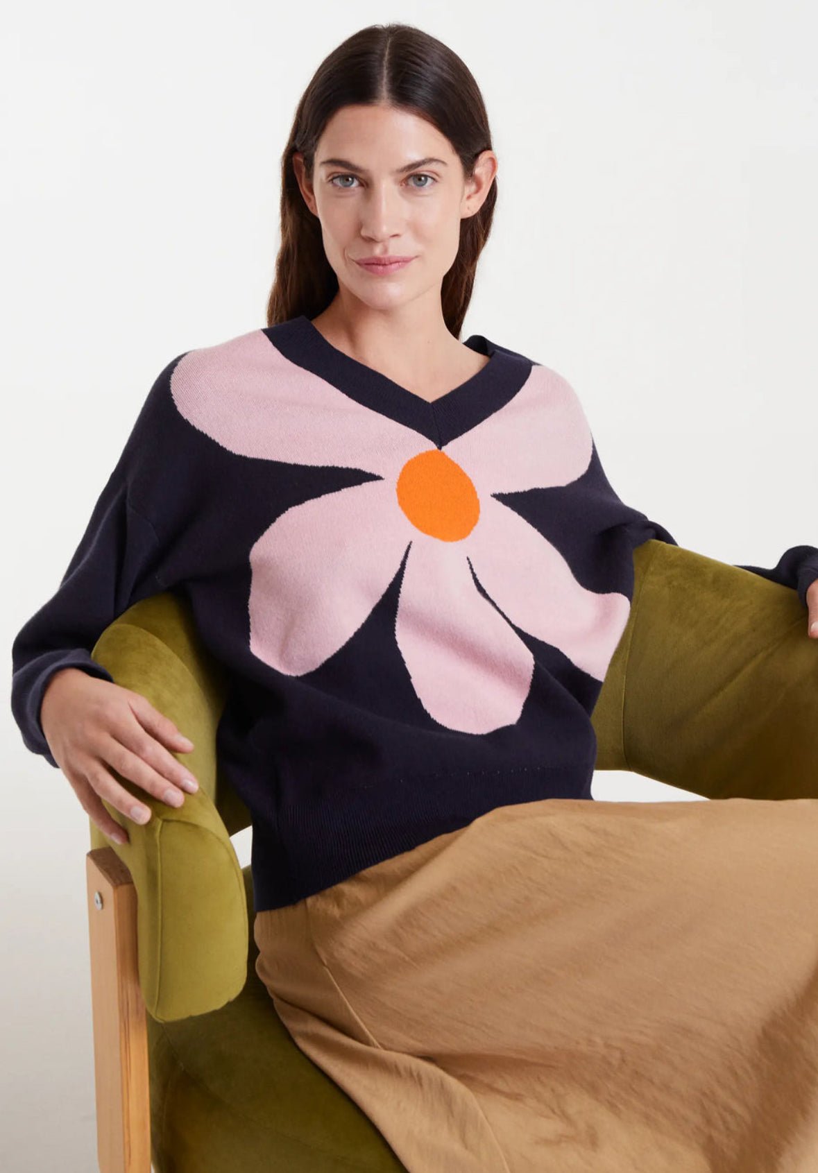 V - Neck Flower Sweater - Flea Boutiques