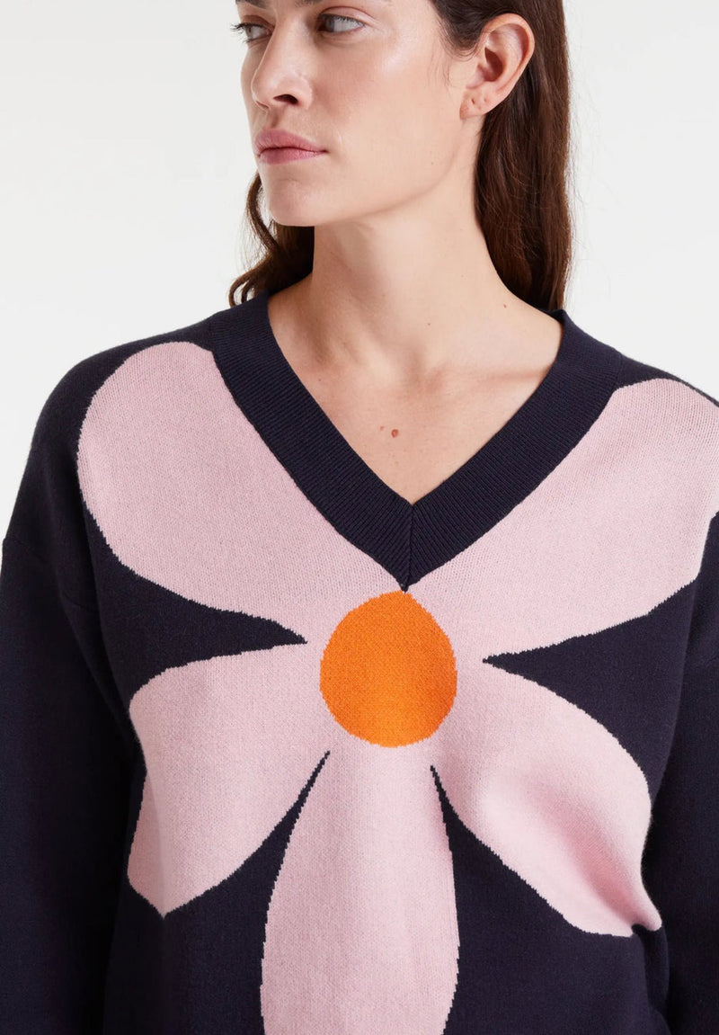 V - Neck Flower Sweater - Flea Boutiques