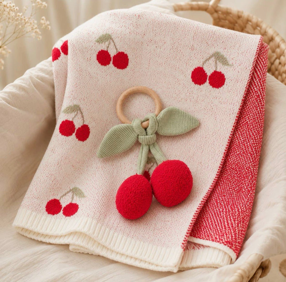 Viverano Organics Cherry Baby Blanket + Rattle - Flea Boutiques