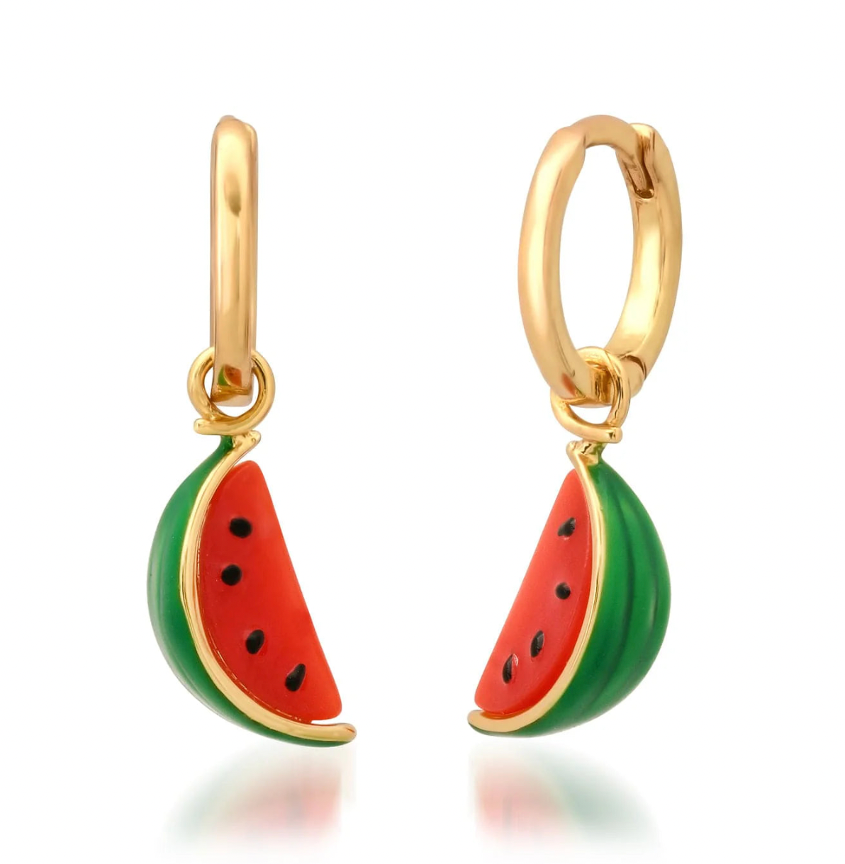 Gold hoop earrings with watermelon slice charms on a white background