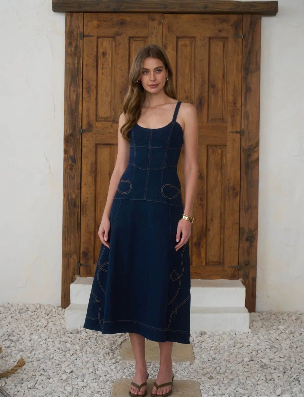Western Embroidered Denim Midi