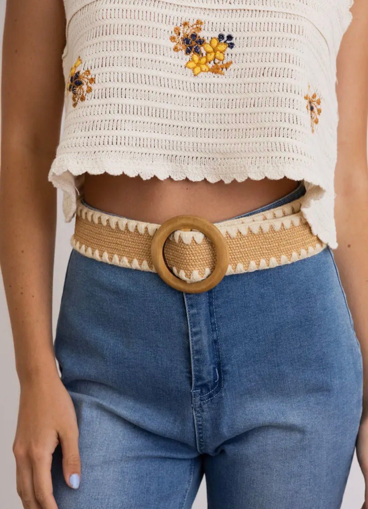 Whipstitch Raffia Belt with Wood Buckle - Flea Boutiques