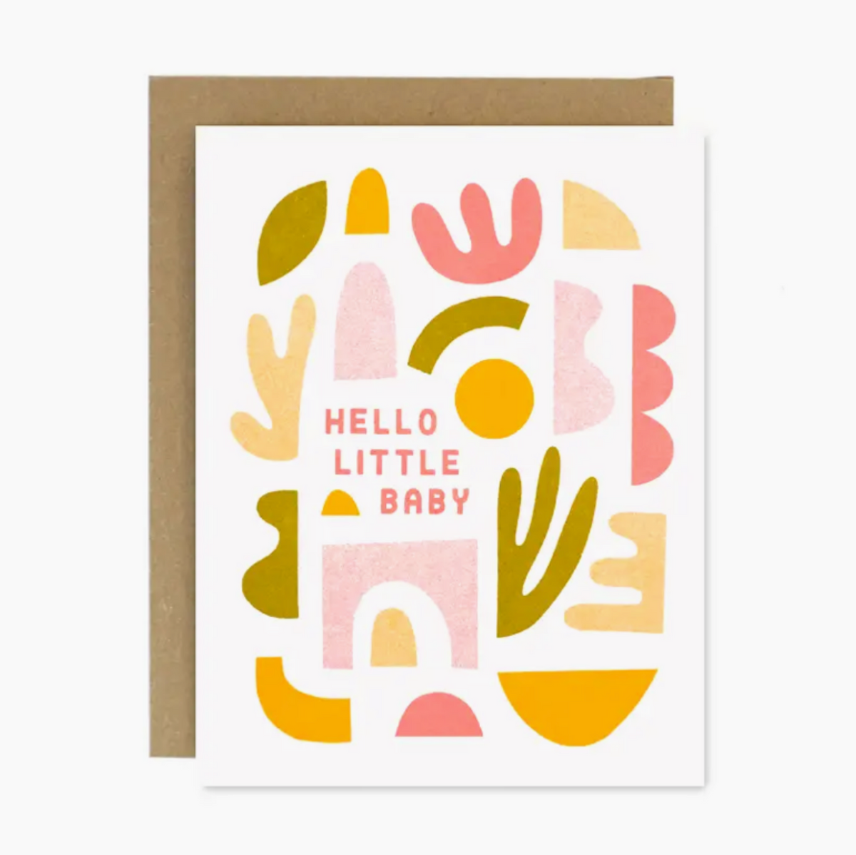 Greeting card with abstract shapes and 'Hello Little Baby' text on a white background