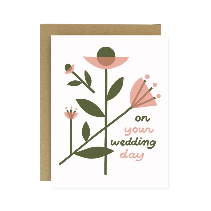Card with floral design and 'on your wedding day' text on a white background